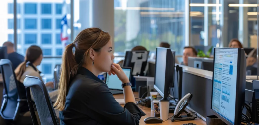 A billing operations professional reviewing data on dual monitors in a modern data center office environment AI-Automated Billing Platform for Data Centers in Texas.