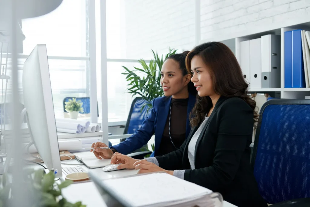 Two business professionals reviewing data on a desktop computer in a modern office environment, automated provisioning software.