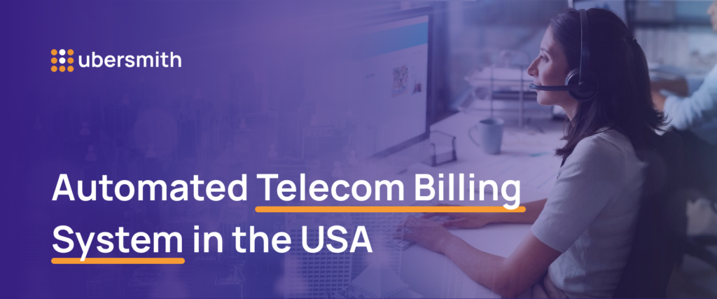 Ubersmith blog header — automated telecom billing system in the USA, featuring a female telecom operator at a workstation against a dark purple background.