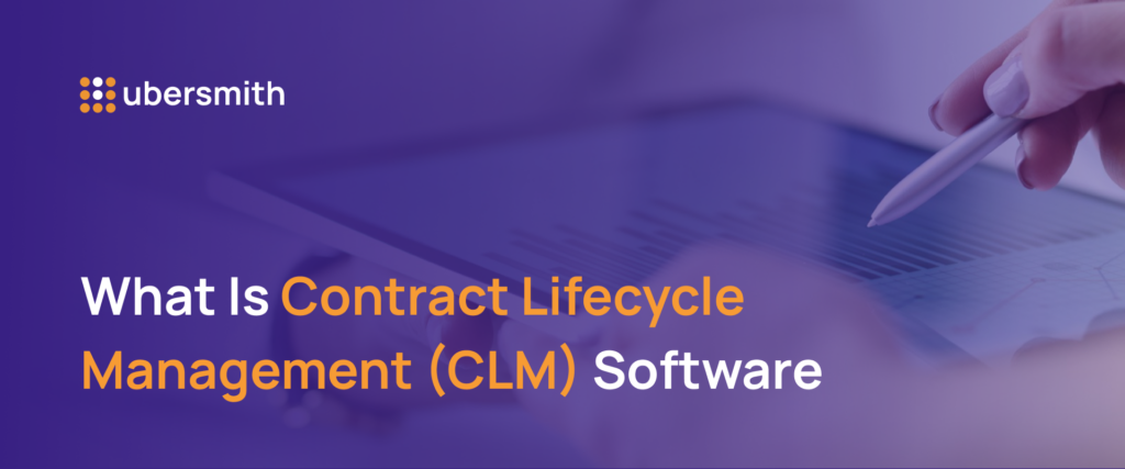 Ubersmith blog header image with the title What Is Contract Lifecycle Management CLM Software on a purple gradient background with a person signing a document.